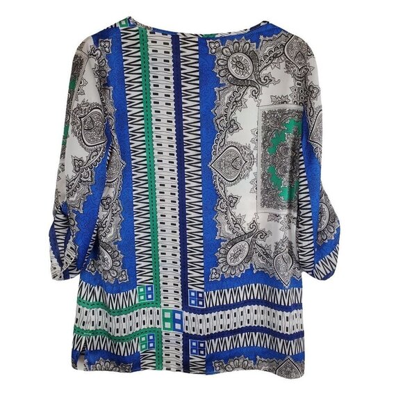 CHICO'S 0 (4) Blouse 3/4 Roll Tab‎ Sleeves Blue Geometric Bandana - Picture 2 of 4